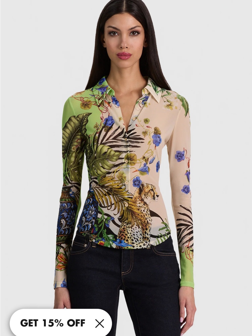 Alice + Olivia Jade mesh button front shirt in Riviera Citrus